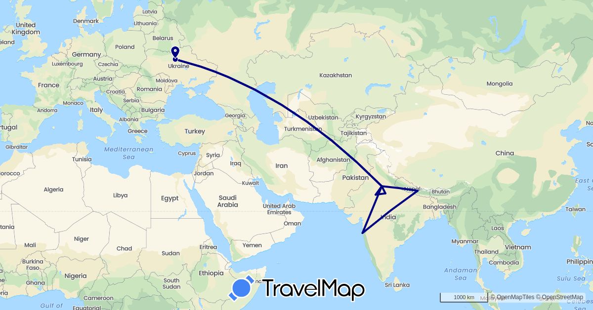 TravelMap itinerary: driving in India, Nepal, Ukraine (Asia, Europe)