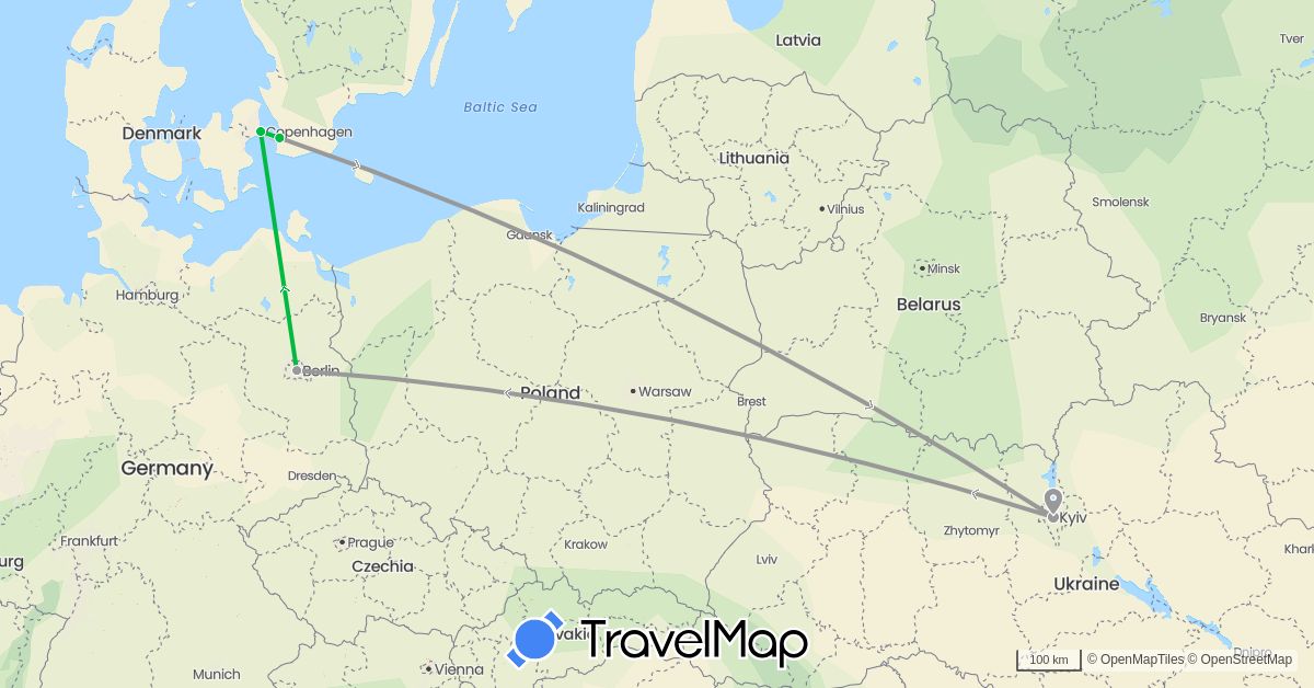 TravelMap itinerary: driving, bus, plane in Germany, Denmark, Sweden, Ukraine (Europe)