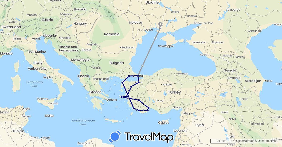 TravelMap itinerary: driving, plane in Turkey, Ukraine (Asia, Europe)