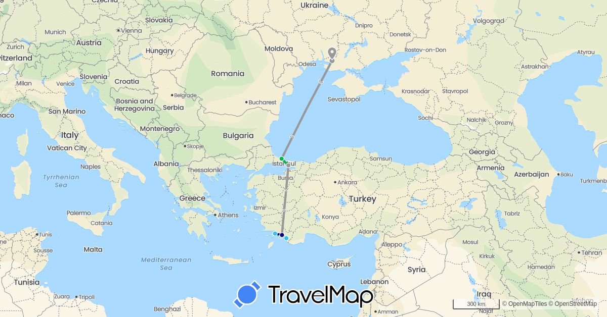 TravelMap itinerary: driving, bus, plane, boat in Turkey, Ukraine (Asia, Europe)