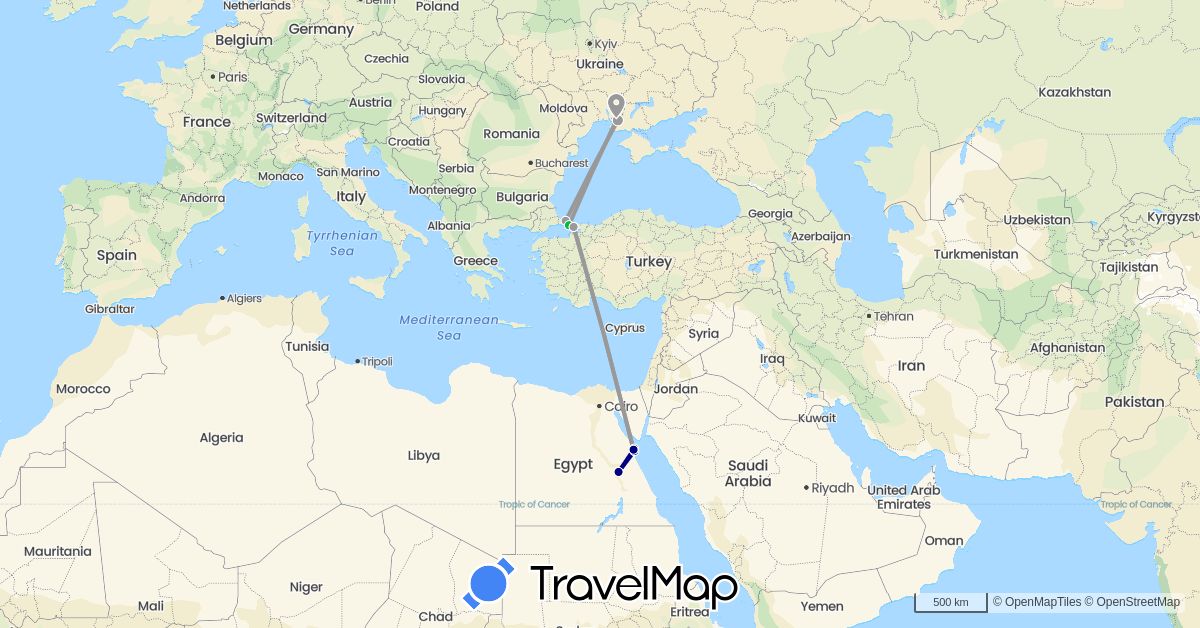 TravelMap itinerary: driving, bus, plane in Egypt, Turkey, Ukraine (Africa, Asia, Europe)