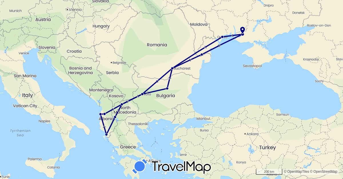 TravelMap itinerary: driving in Albania, Bulgaria, Macedonia, Romania, Ukraine (Europe)