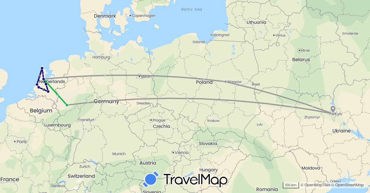 TravelMap itinerary: driving, bus, plane in Germany, Netherlands, Poland, Ukraine (Europe)