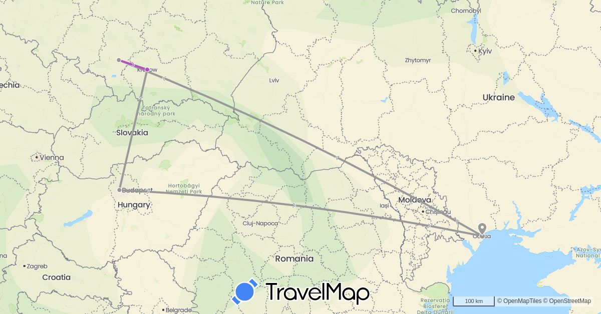 TravelMap itinerary: driving, plane, train in Hungary, Poland, Ukraine (Europe)