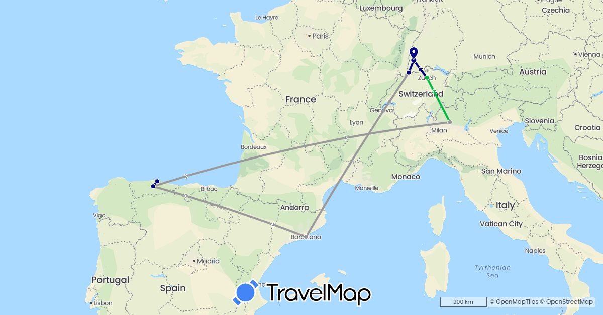 TravelMap itinerary: driving, bus, plane in Switzerland, Germany, Spain, Italy (Europe)