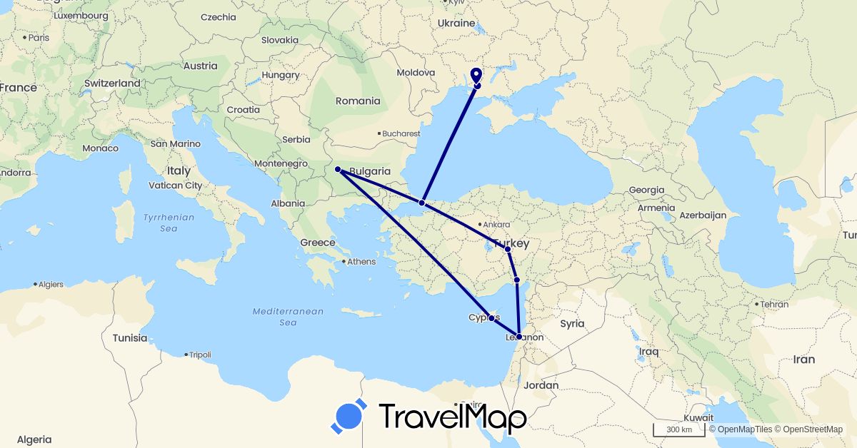 TravelMap itinerary: driving in Bulgaria, Cyprus, Lebanon, Turkey, Ukraine (Asia, Europe)